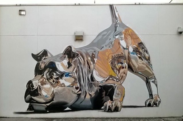 street artist blows our mind with brilliant metallic dog mural